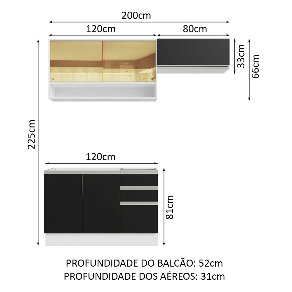 Armário de Cozinha Compacta 200cm Branco/Preto Glamy Madesa 08 - Image 3