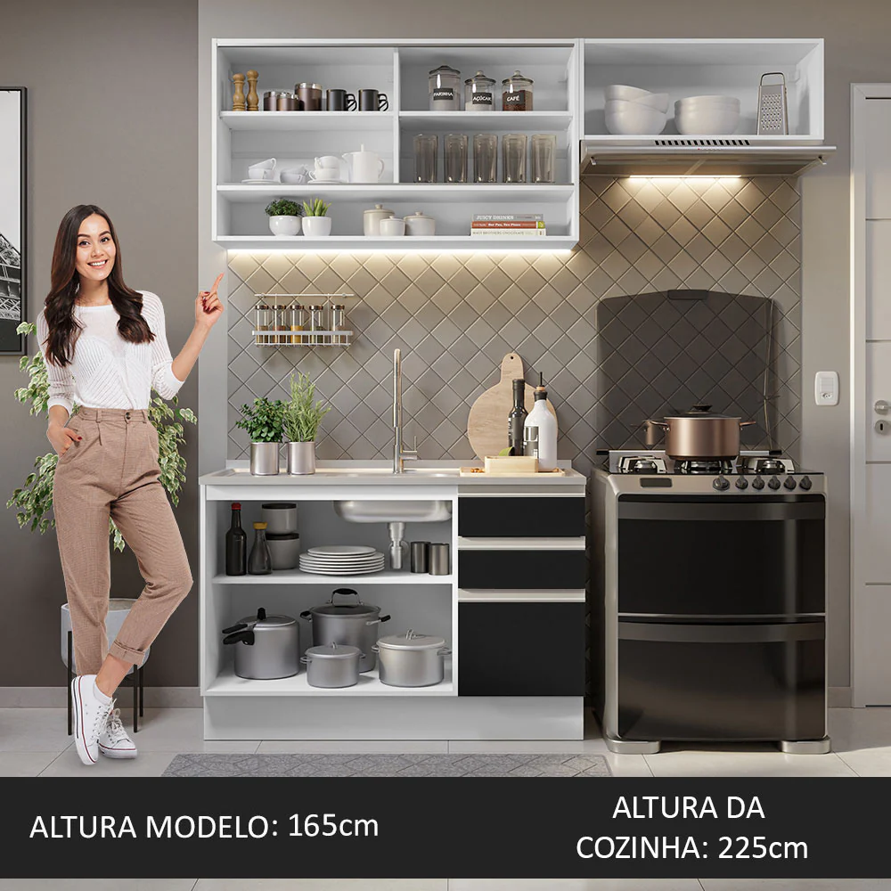 Armário de Cozinha Compacta 200cm Branco/Preto Glamy Madesa 08 - Image 6