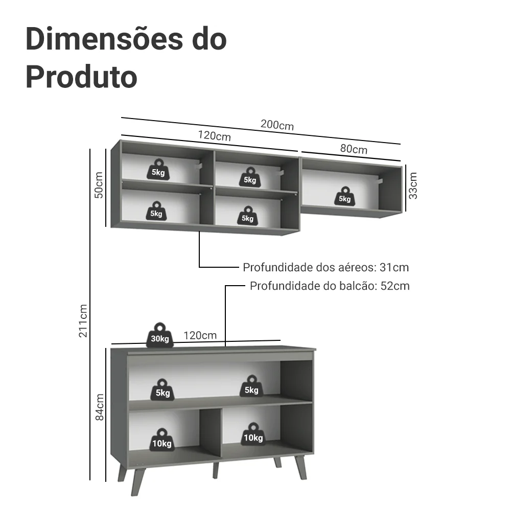 Armário de Cozinha Compacta 200cm Cinza Nice Madesa 01 - Image 3