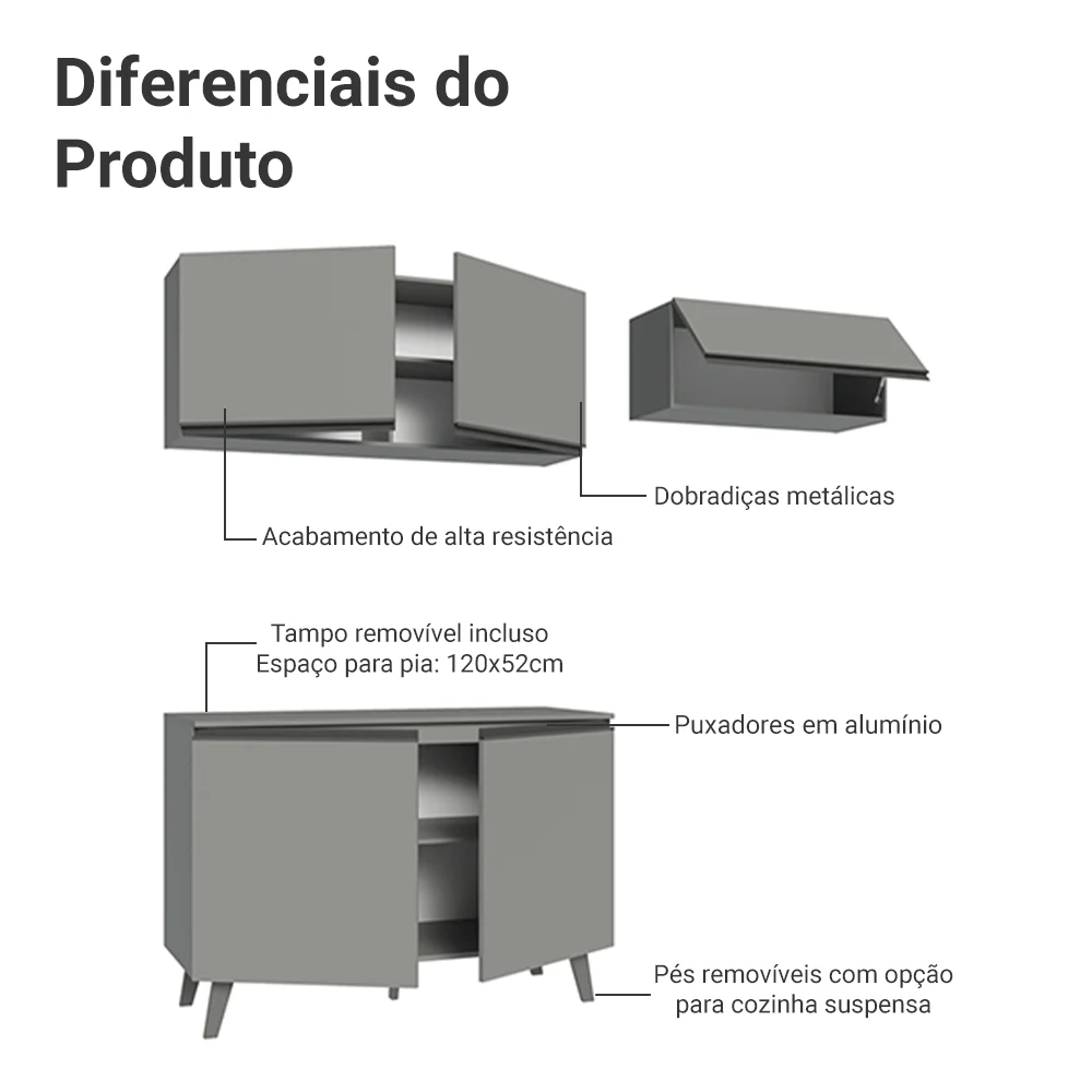 Armário de Cozinha Compacta 200cm Cinza Nice Madesa 01 - Image 4