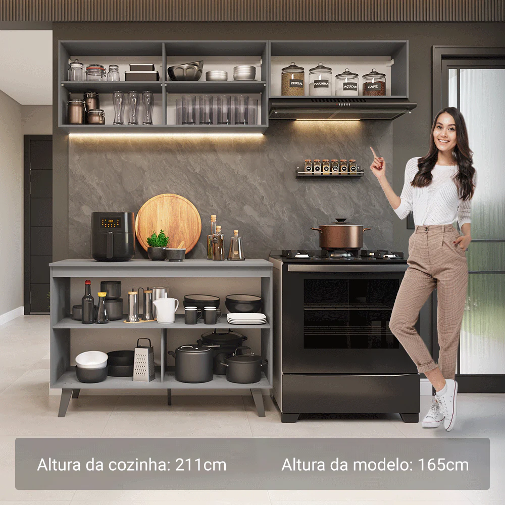 Armário de Cozinha Compacta 200cm Cinza Nice Madesa 01 - Image 5