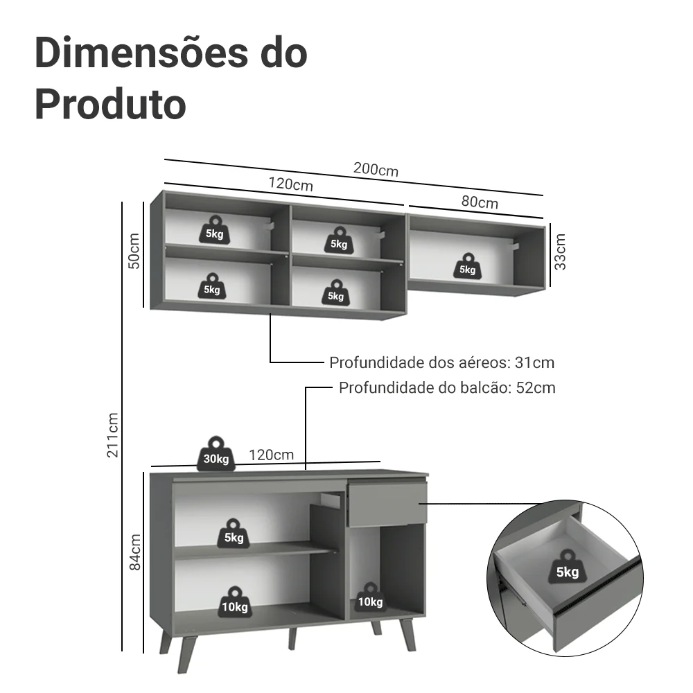 Armário de Cozinha Compacta 200cm Cinza Nice Madesa 03 - Image 3