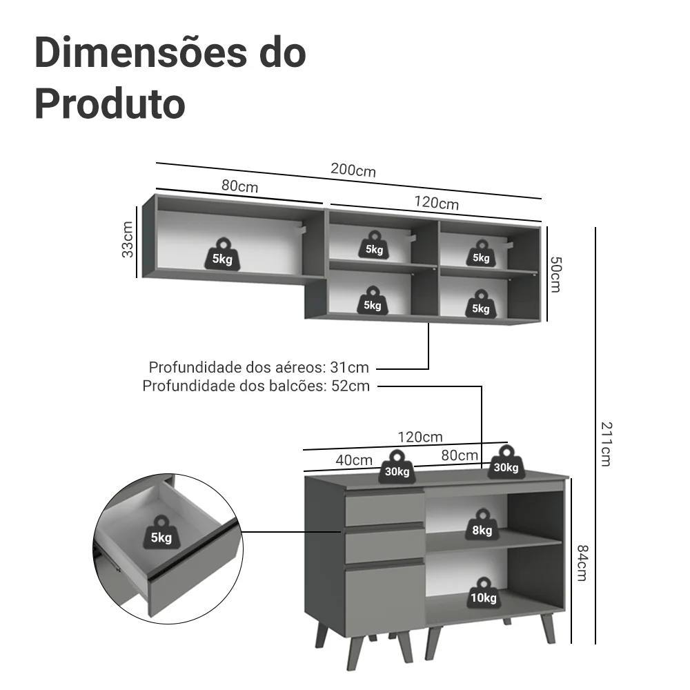 Armário de Cozinha Compacta 200cm Cinza Nice Madesa 06 - Image 3