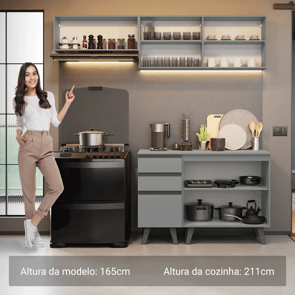 Armário de Cozinha Compacta 200cm Cinza Nice Madesa 06 - Image 5