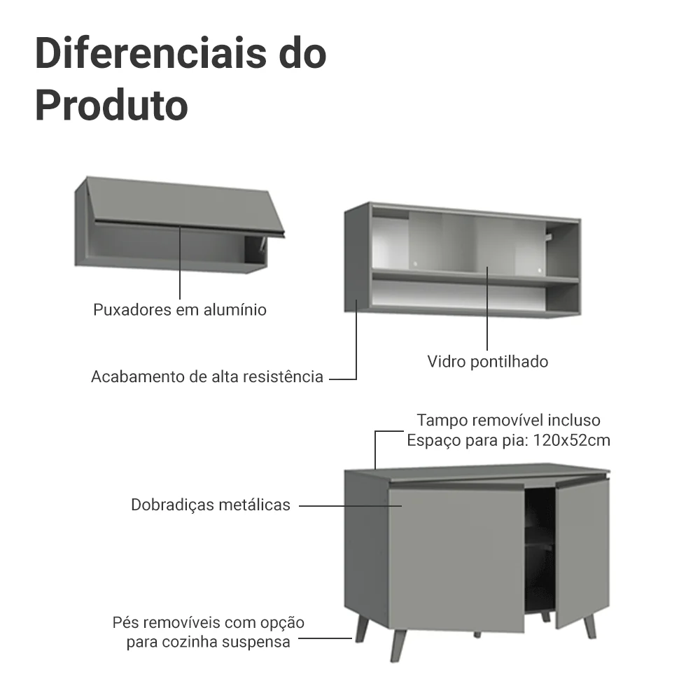 Armário de Cozinha Compacta 200cm Cinza Nice Madesa 09 - Image 4
