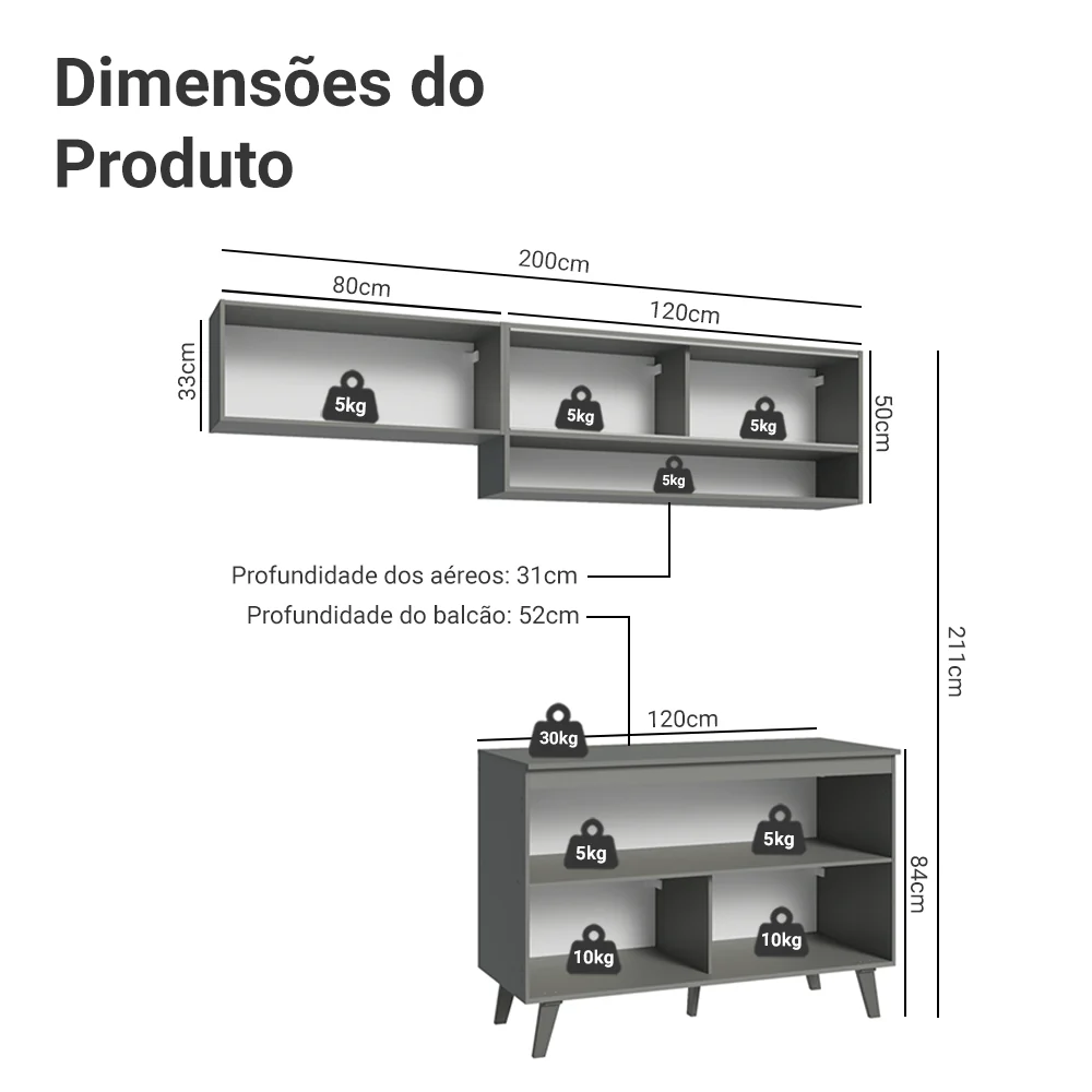 Armário de Cozinha Compacta 200cm Cinza Nice Madesa 10 - Image 3
