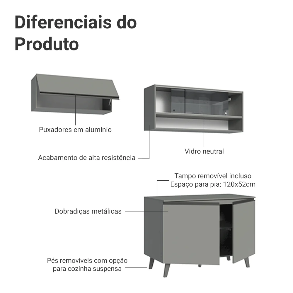 Armário de Cozinha Compacta 200cm Cinza Nice Madesa 10 - Image 4