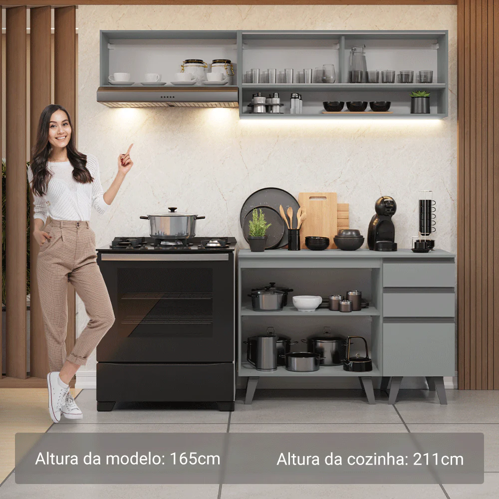 Armário de Cozinha Compacta 200cm Cinza Nice Madesa 13 - Image 5