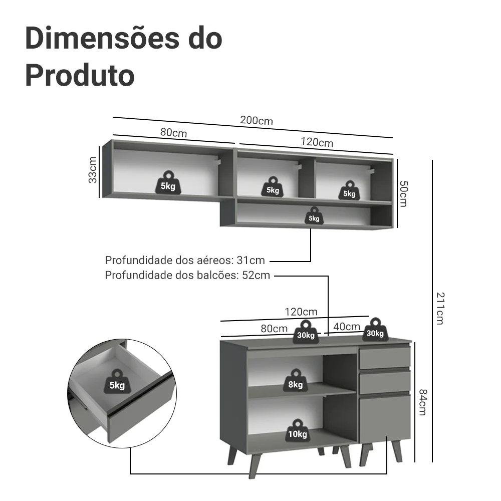 Armário de Cozinha Compacta 200cm Cinza Nice Madesa 14 - Image 3