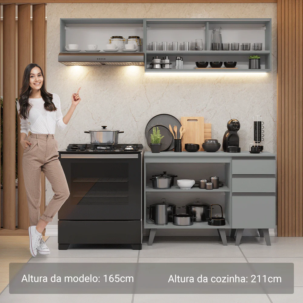 Armário de Cozinha Compacta 200cm Cinza Nice Madesa 14 - Image 5