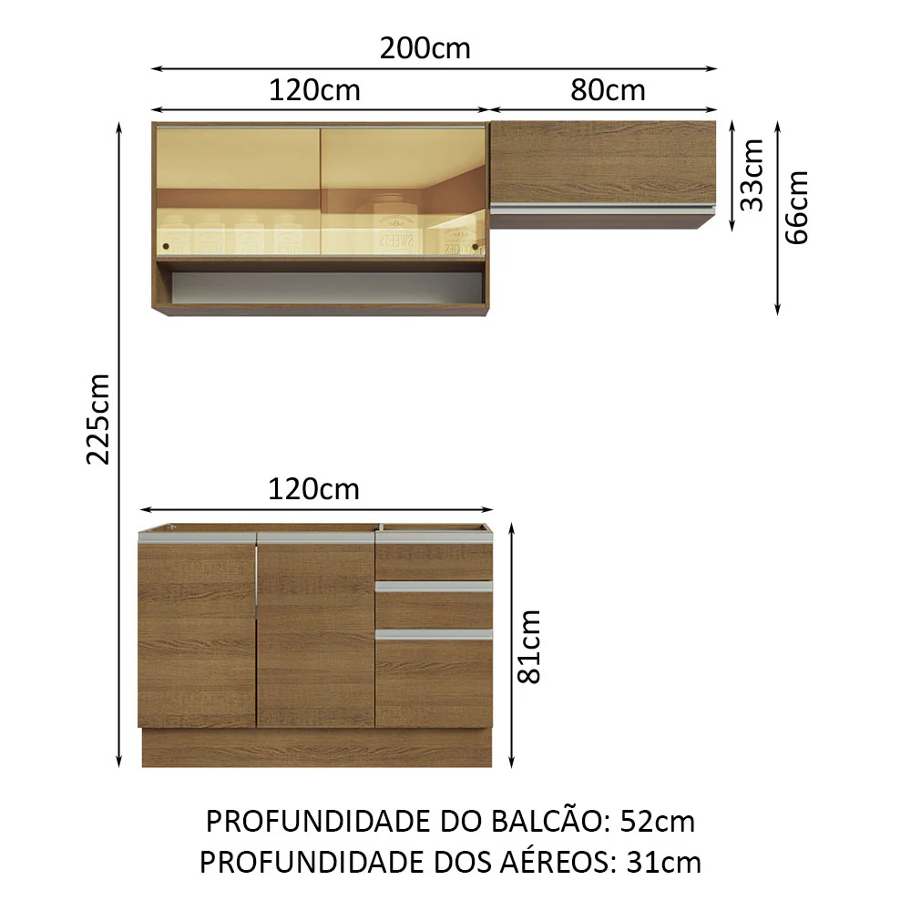 Armário de Cozinha Compacta 200cm Rustic Glamy Madesa 08 - Image 3