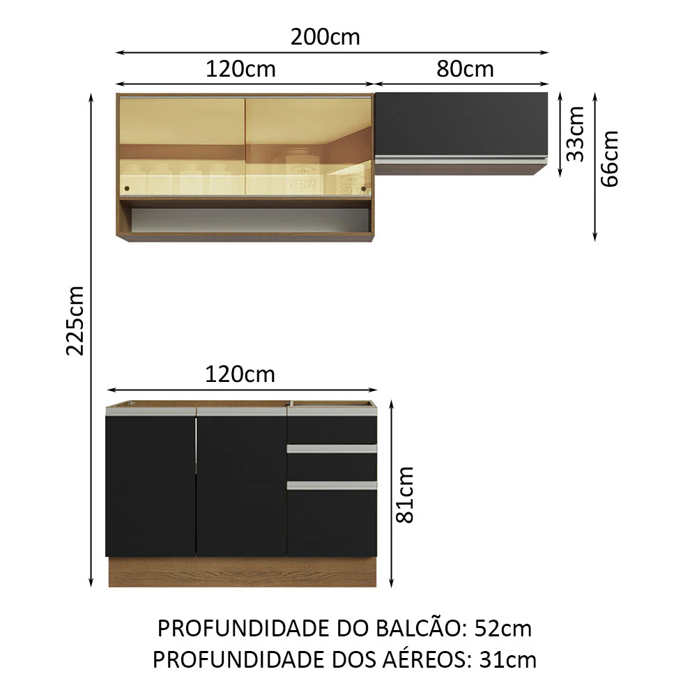 Armário de Cozinha Compacta 200cm Rustic/Preto Glamy Madesa 08 - Image 3