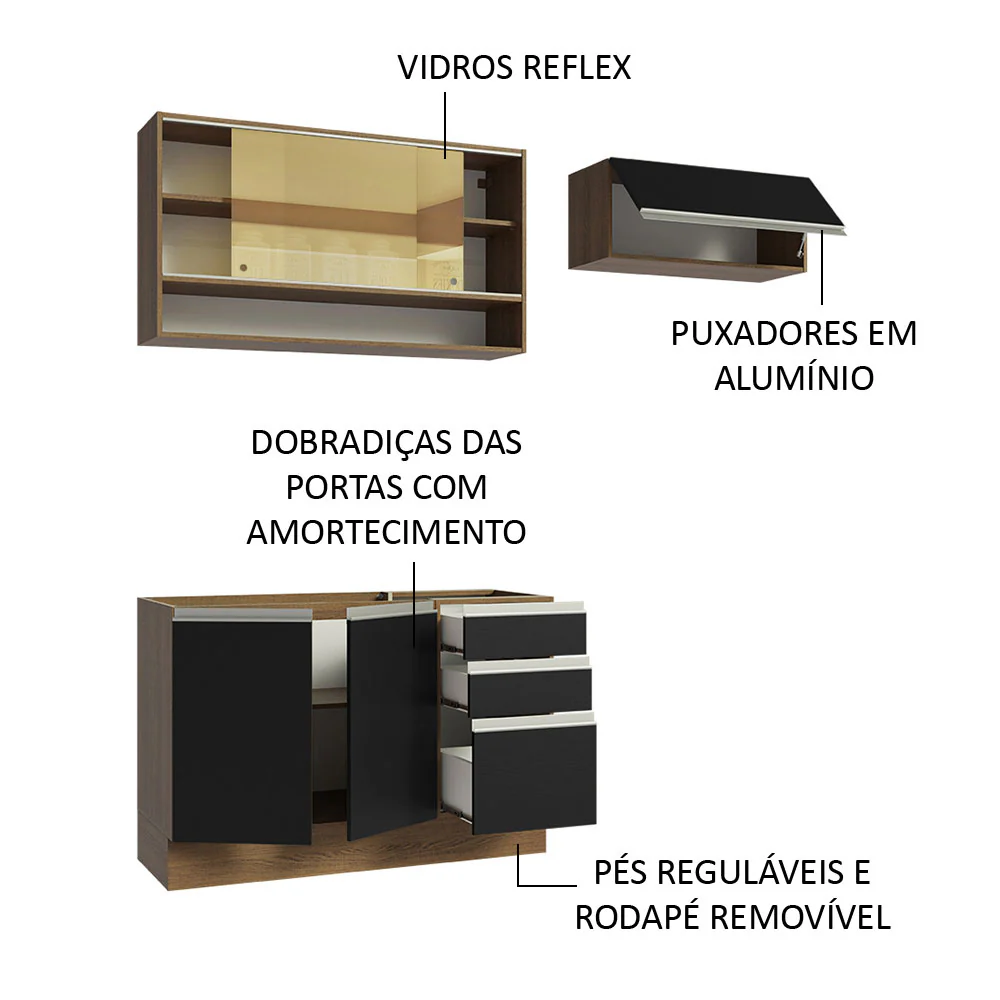 Armário de Cozinha Compacta 200cm Rustic/Preto Glamy Madesa 08 - Image 4