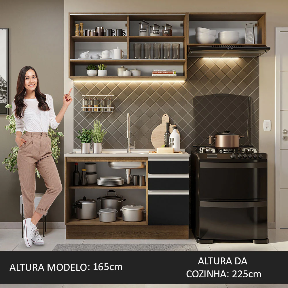 Armário de Cozinha Compacta 200cm Rustic/Preto Glamy Madesa 08 - Image 6