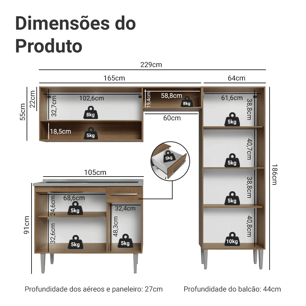 Armário de Cozinha Compacta 229cm com Pia Rustic/Branco Emilly Madesa 10 - Image 3