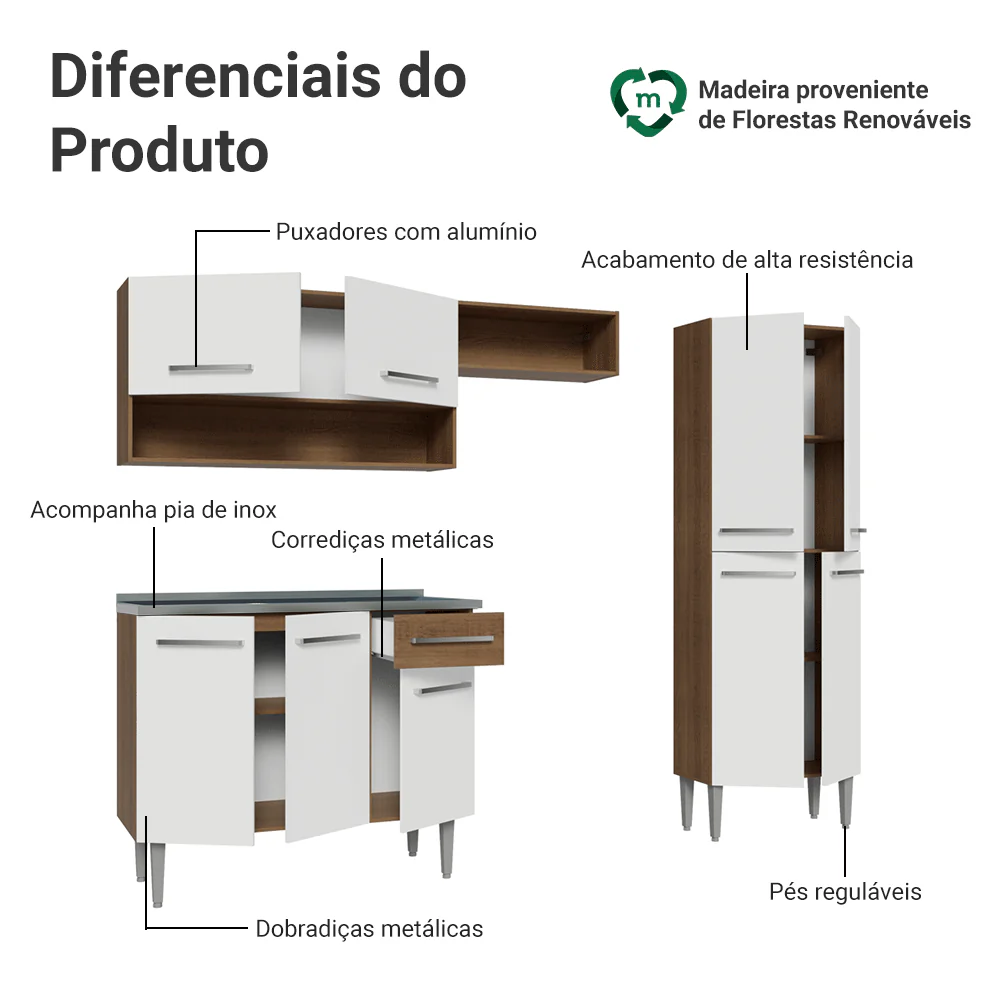 Armário de Cozinha Compacta 229cm com Pia Rustic/Branco Emilly Madesa 10 - Image 4