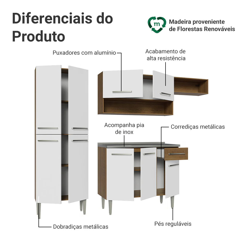 Armário de Cozinha Compacta 229cm com Pia Rustic/Branco Emilly Madesa 12 - Image 4