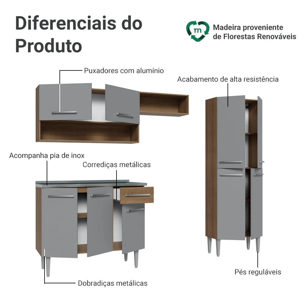Armário de Cozinha Compacta 229cm com Pia Rustic/Cinza Emilly Madesa 10 - Image 4
