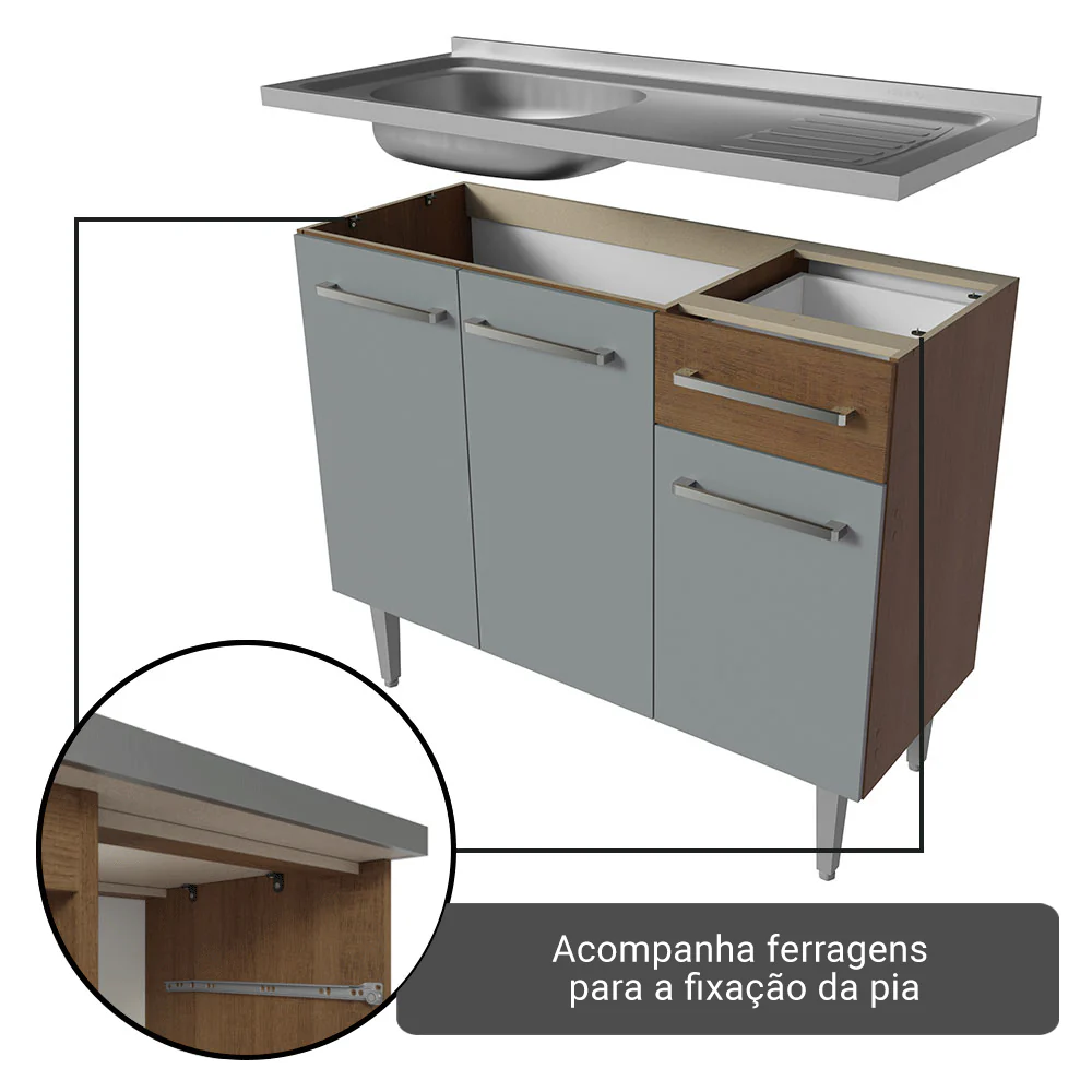 Armário de Cozinha Compacta 229cm com Pia Rustic/Cinza Emilly Madesa 10 - Image 6