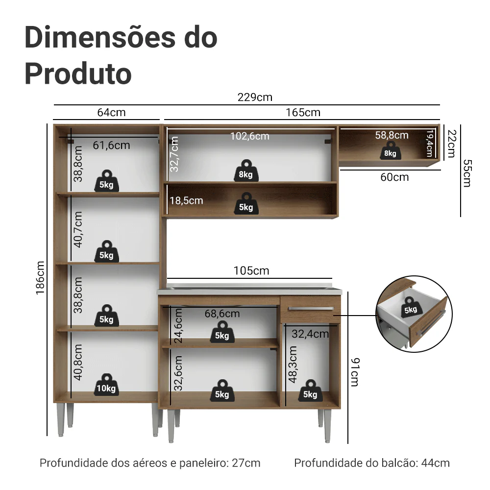 Armário de Cozinha Compacta 229cm com Pia Rustic/Cinza Emilly Madesa 12 - Image 3