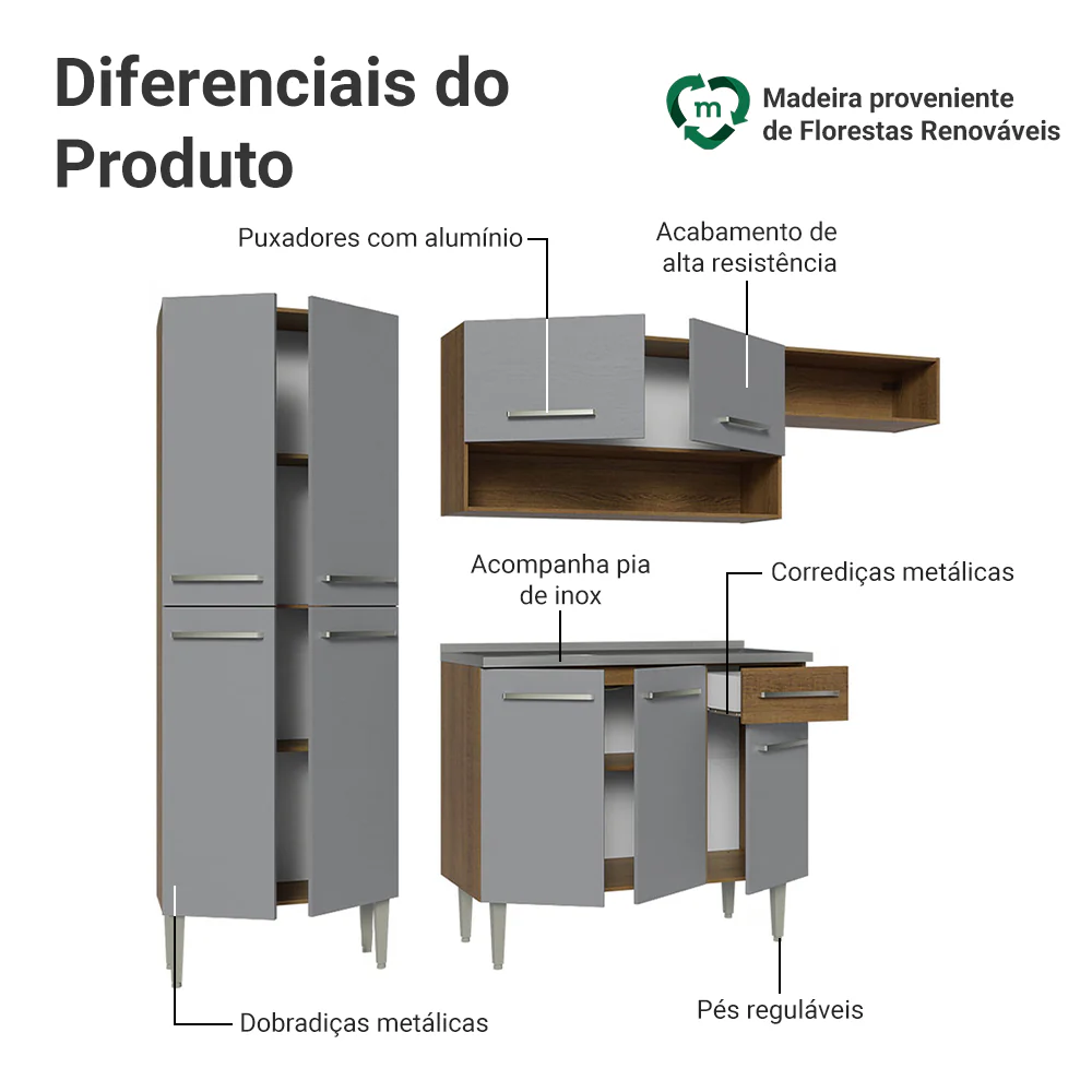 Armário de Cozinha Compacta 229cm com Pia Rustic/Cinza Emilly Madesa 12 - Image 4