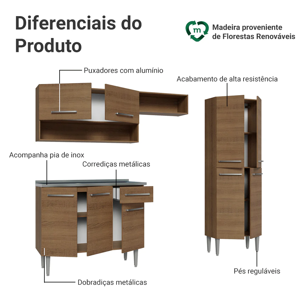 Armário de Cozinha Compacta 229cm com Pia Rustic Emilly Madesa 10 - Image 4