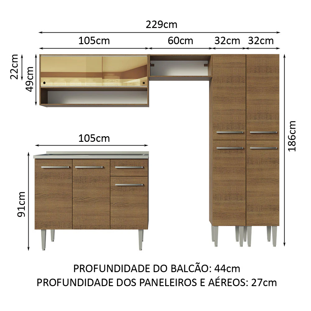 Armário de Cozinha Compacta 229cm com Pia Rustic Emilly Madesa 11 - Image 3