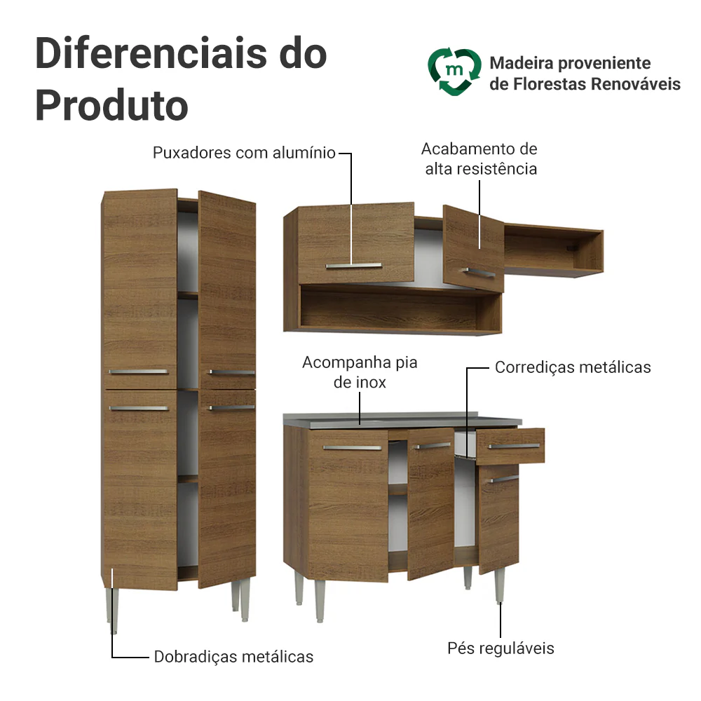 Armário de Cozinha Compacta 229cm com Pia Rustic Emilly Madesa 12 - Image 4