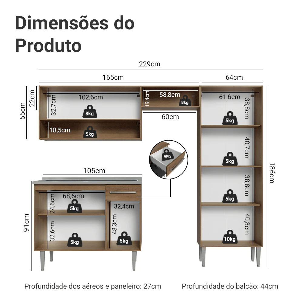 Armário de Cozinha Compacta 229cm com Pia Rustic/Preto Emilly Madesa 10 - Image 3