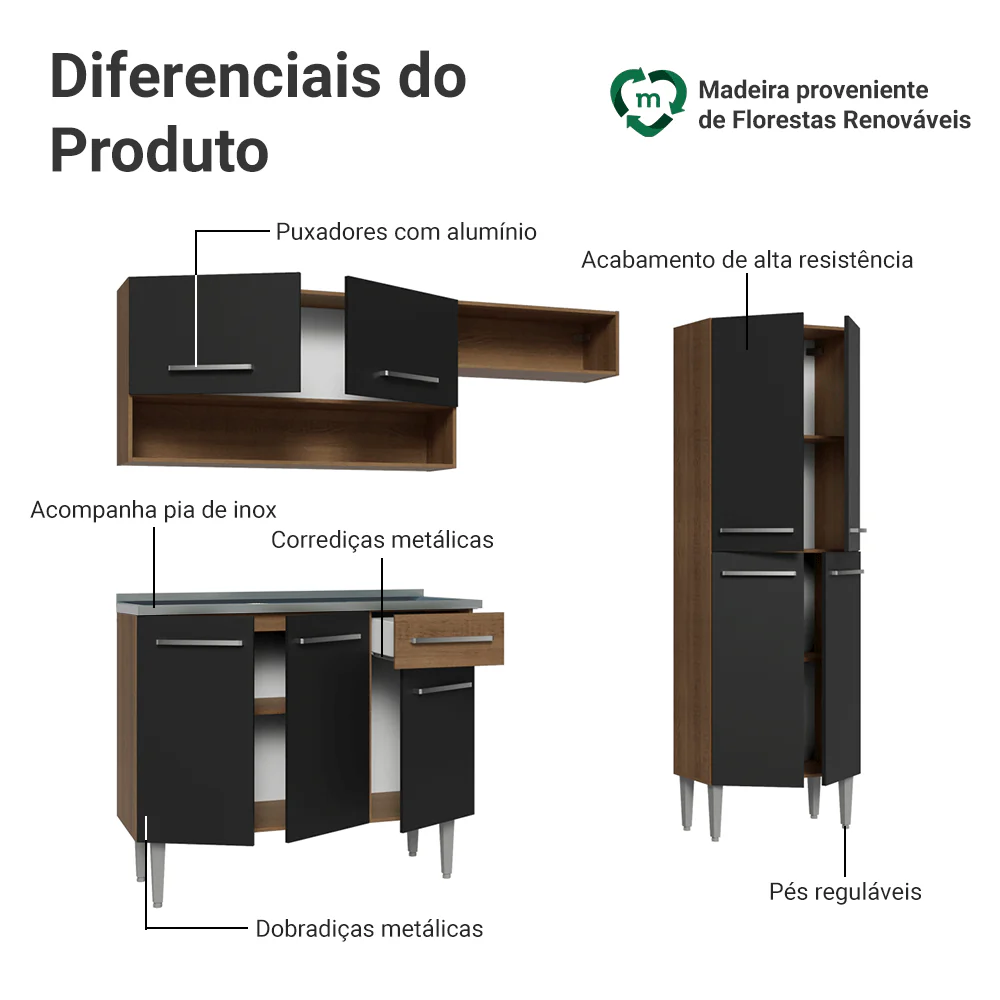 Armário de Cozinha Compacta 229cm com Pia Rustic/Preto Emilly Madesa 10 - Image 4