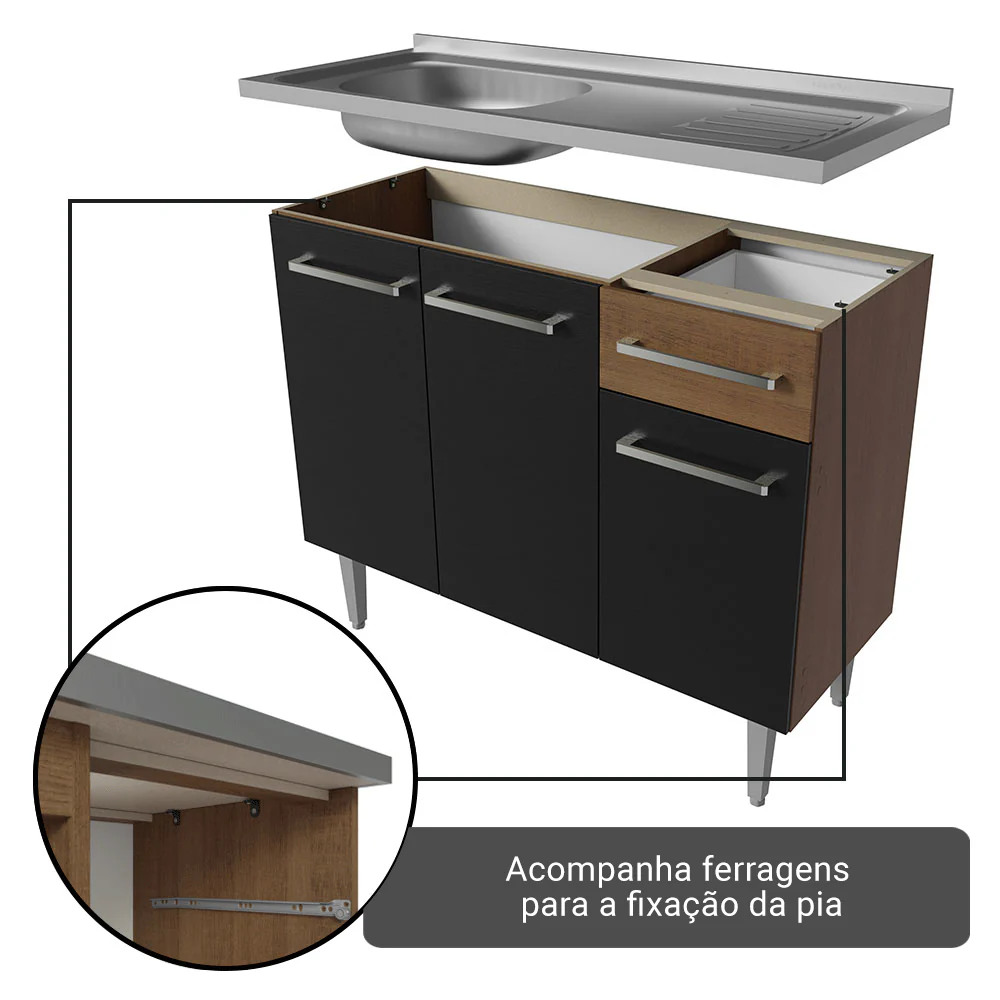 Armário de Cozinha Compacta 229cm com Pia Rustic/Preto Emilly Madesa 10 - Image 5