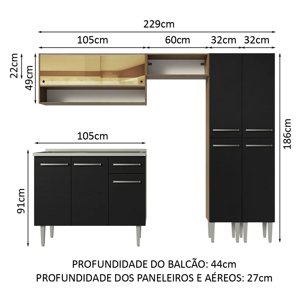 Armário de Cozinha Compacta 229cm com Pia Rustic/Preto Emilly Madesa 11 - Image 3