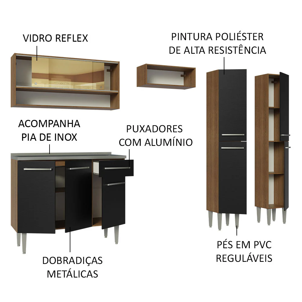 Armário de Cozinha Compacta 229cm com Pia Rustic/Preto Emilly Madesa 11 - Image 4