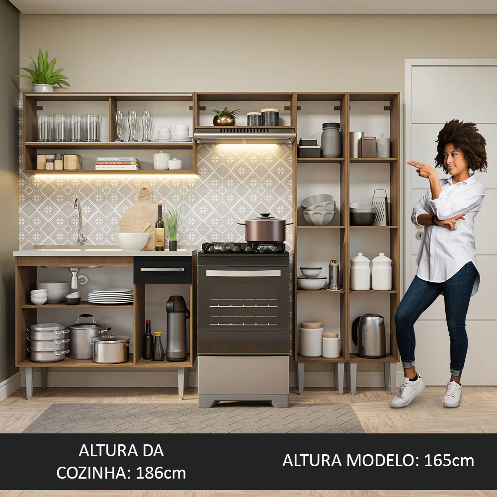 Armário de Cozinha Compacta 229cm com Pia Rustic/Preto Emilly Madesa 11 - Image 5