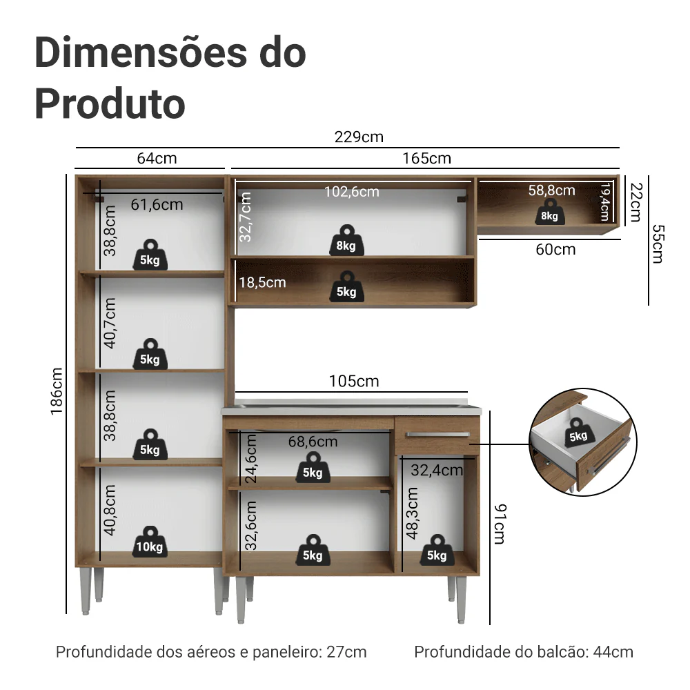 Armário de Cozinha Compacta 229cm com Pia Rustic/Preto Emilly Madesa 12 - Image 3