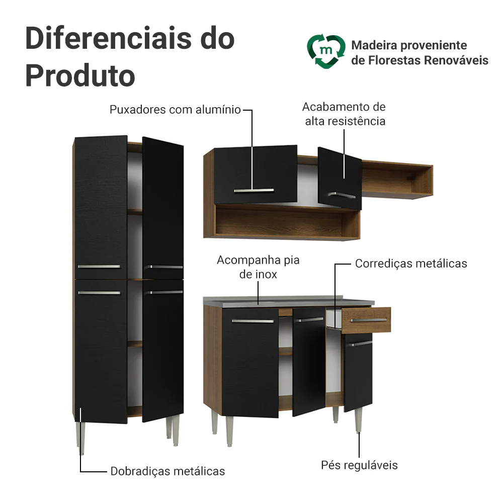 Armário de Cozinha Compacta 229cm com Pia Rustic/Preto Emilly Madesa 12 - Image 4