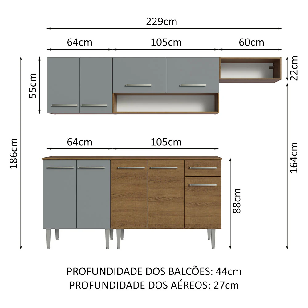 Armário de Cozinha Compacta 229cm Rustic/Cinza Emilly Madesa 13 - Image 3