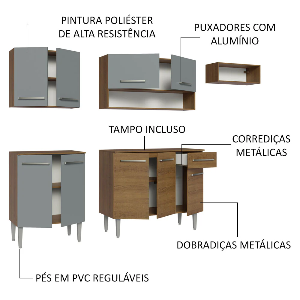Armário de Cozinha Compacta 229cm Rustic/Cinza Emilly Madesa 13 - Image 4
