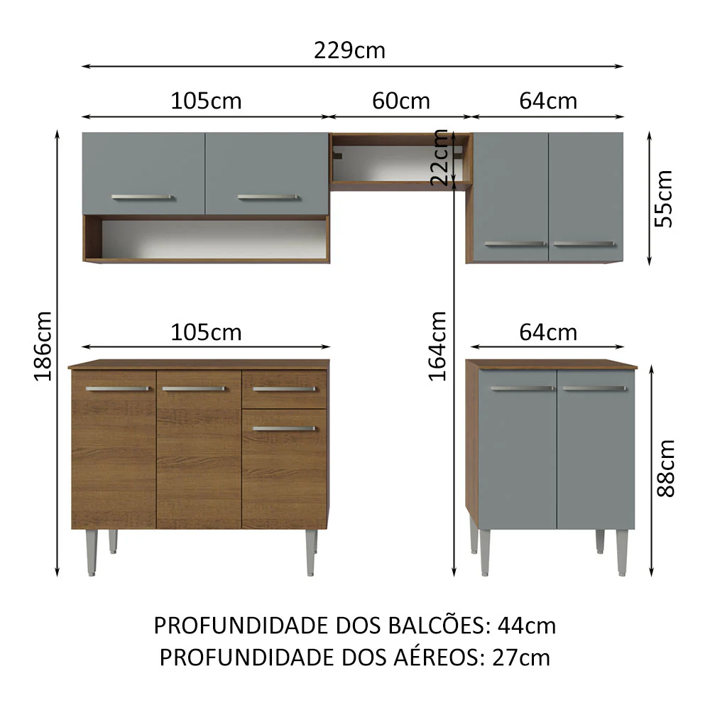 Armário de Cozinha Compacta 229cm Rustic/Cinza Emilly Madesa 15 - Image 3