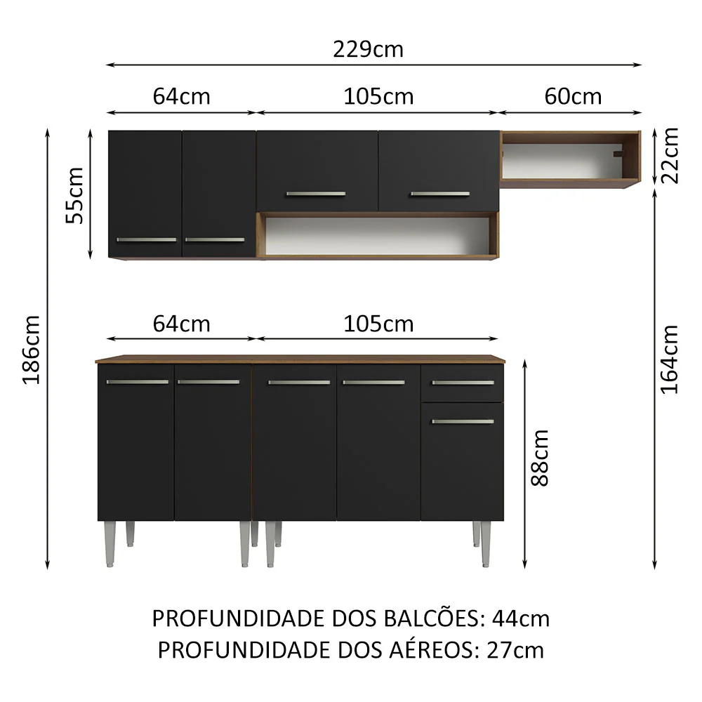 Armário de Cozinha Compacta 229cm Rustic/Preto Emilly Madesa 13 - Image 3