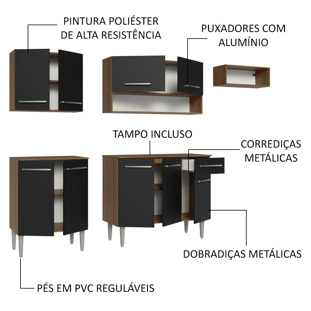 Armário de Cozinha Compacta 229cm Rustic/Preto Emilly Madesa 13 - Image 4