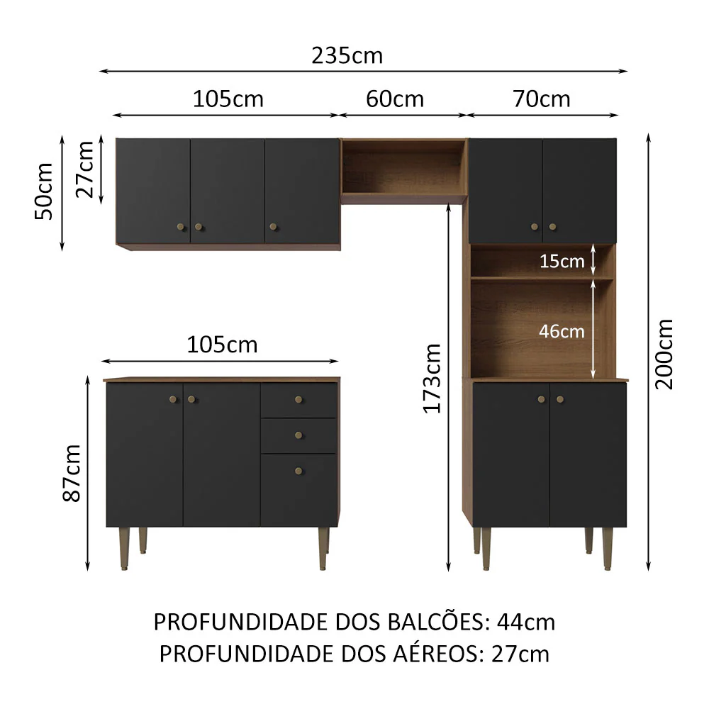 Armário de Cozinha Compacta 235cm Rustic/Preto Gourmet Madesa 01 - Image 3
