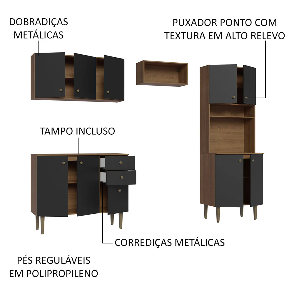 Armário de Cozinha Compacta 235cm Rustic/Preto Gourmet Madesa 01 - Image 4