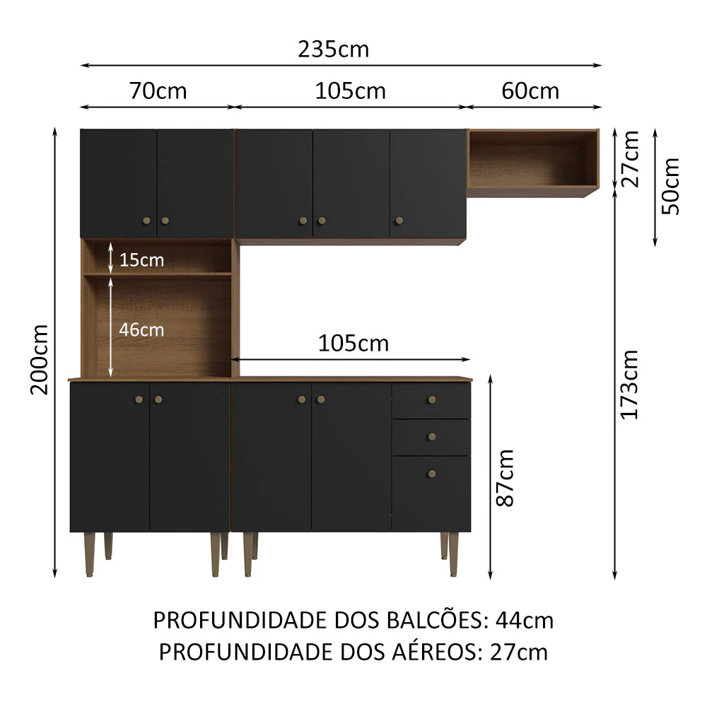 Armário de Cozinha Compacta 235cm Rustic/Preto Gourmet Madesa 02 - Image 3