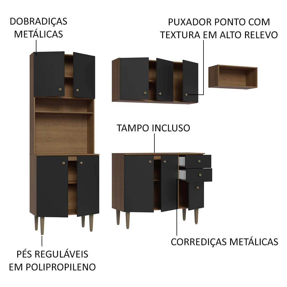 Armário de Cozinha Compacta 235cm Rustic/Preto Gourmet Madesa 02 - Image 4