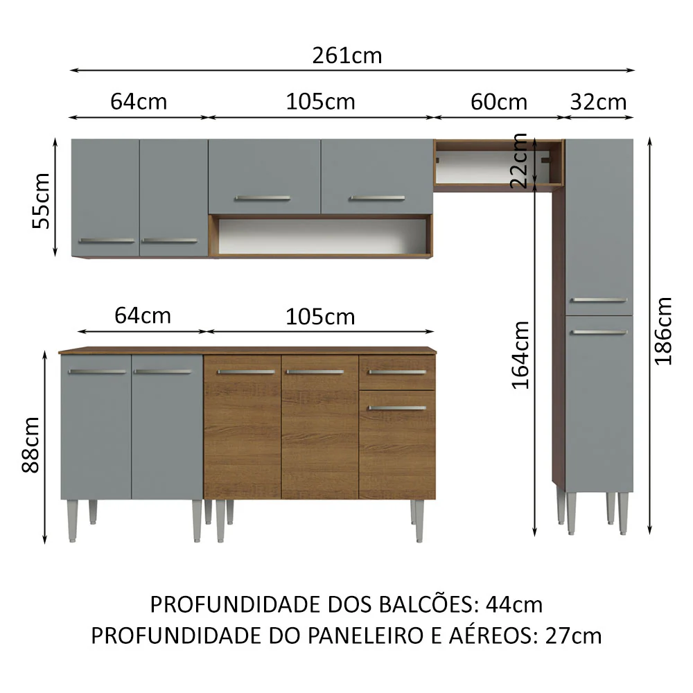 Armário de Cozinha Compacta 261 cm Rustic/Cinza Emilly Madesa 09 - Image 3