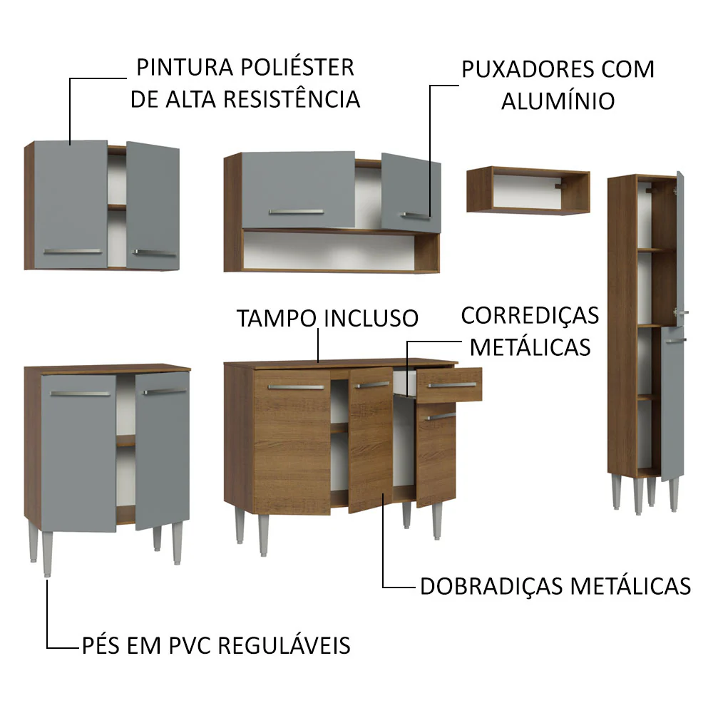 Armário de Cozinha Compacta 261 cm Rustic/Cinza Emilly Madesa 09 - Image 4