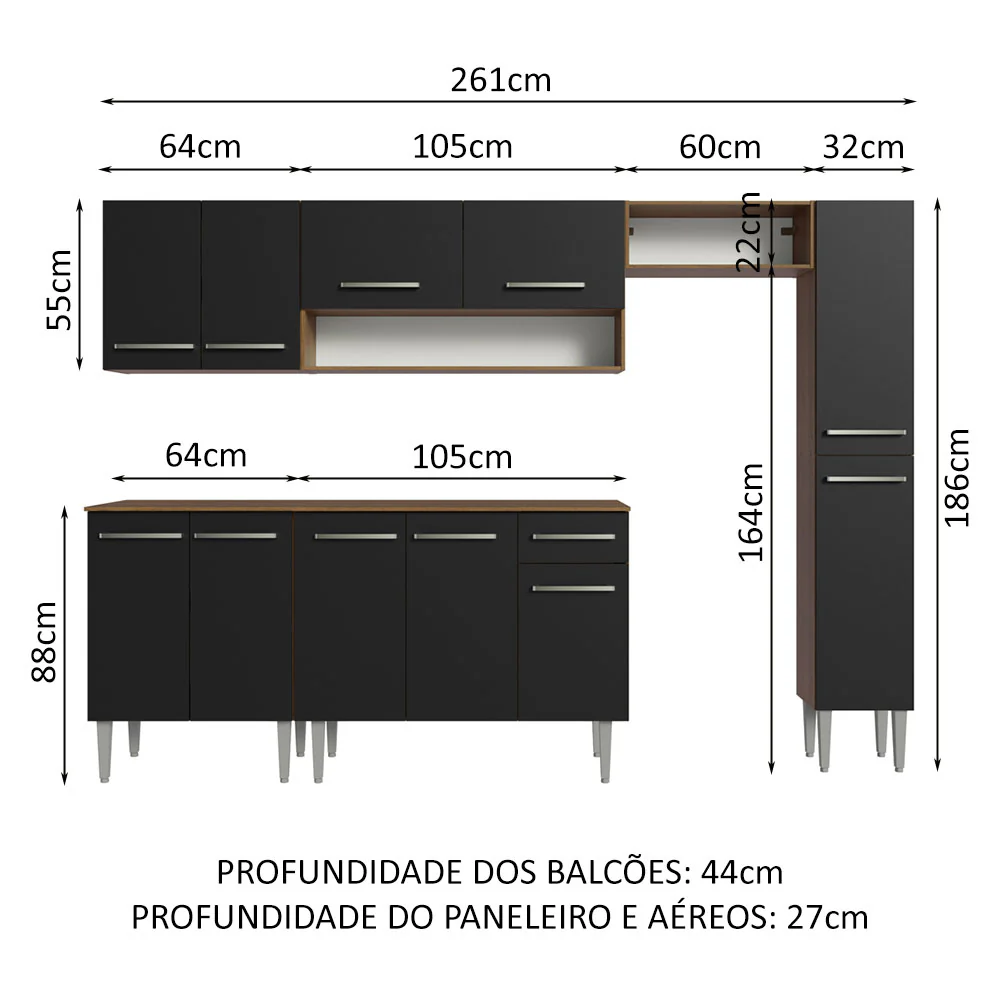 Armário de Cozinha Compacta 261 cm Rustic/Preto Emilly Madesa 09 - Image 3