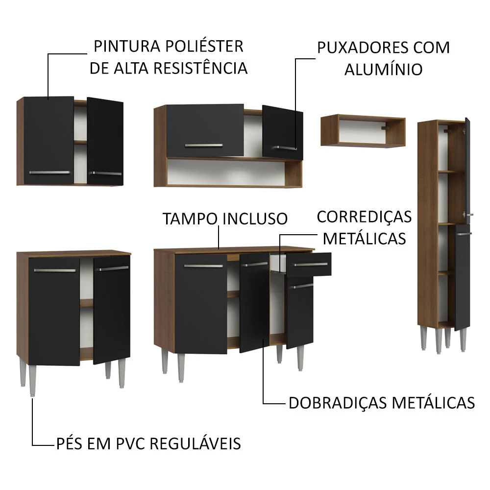 Armário de Cozinha Compacta 261 cm Rustic/Preto Emilly Madesa 09 - Image 4