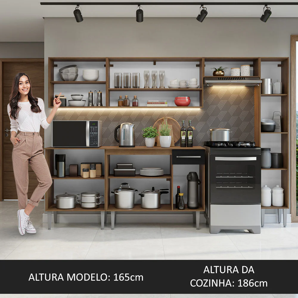 Armário de Cozinha Compacta 261 cm Rustic/Preto Emilly Madesa 09 - Image 5